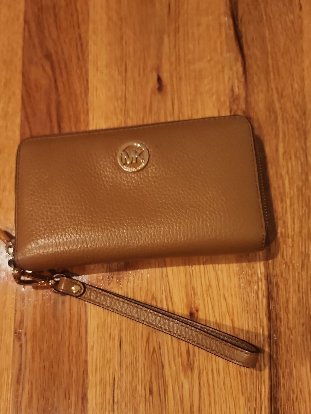 Michael Kors Tan Pebbled Leather Wristlet with Gold Logo
